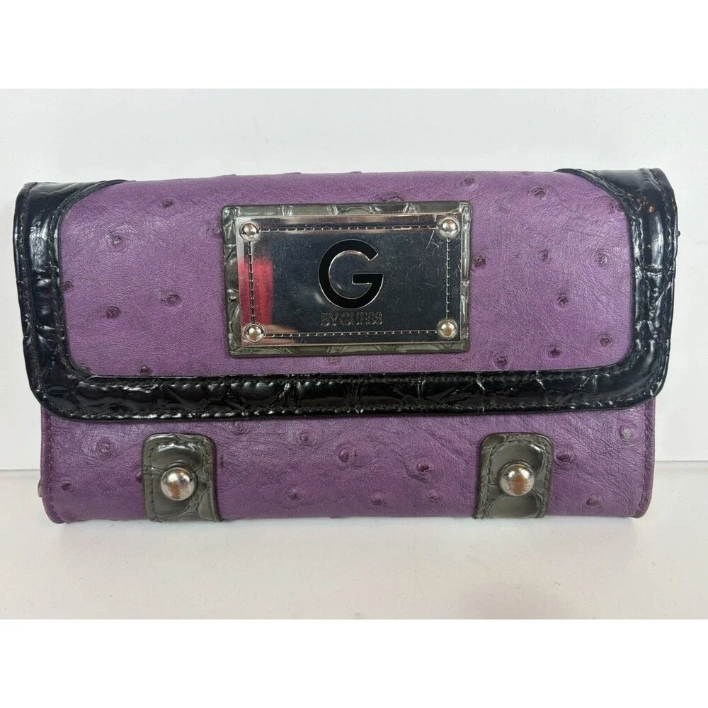 Guess Wallet Ostrich Embossed Y2K Purple And Black 6.5” X 3.5”
